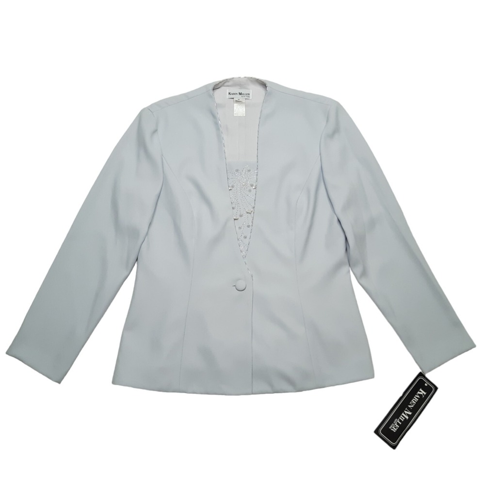 Karen Miller Blazer Women 12 Blue Beaded Minimalist Coquette Jacket Vintage Glam